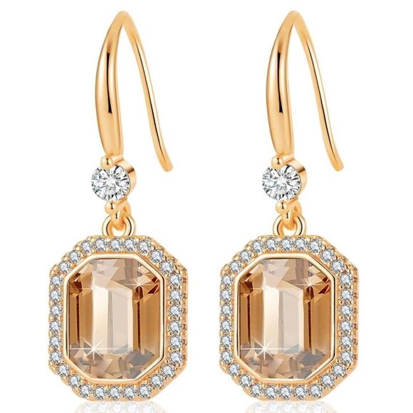 14K Yellow Gold with Champagne Topaz Austrian Crystal Octagon Halo Hook Earrings
